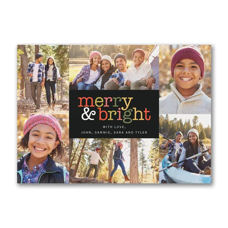 Merry and bright holiday photo card example — family collage layout