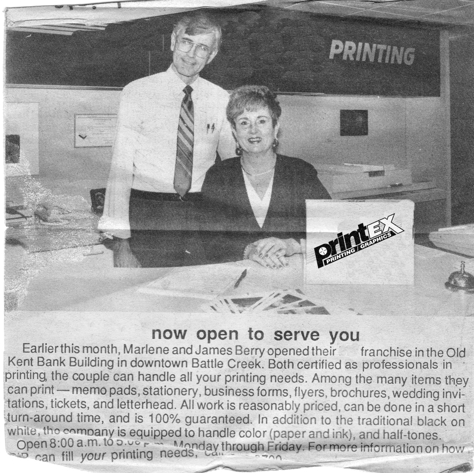 Printex grand opening newspaper clipping, 1989 — Battle Creek, MI